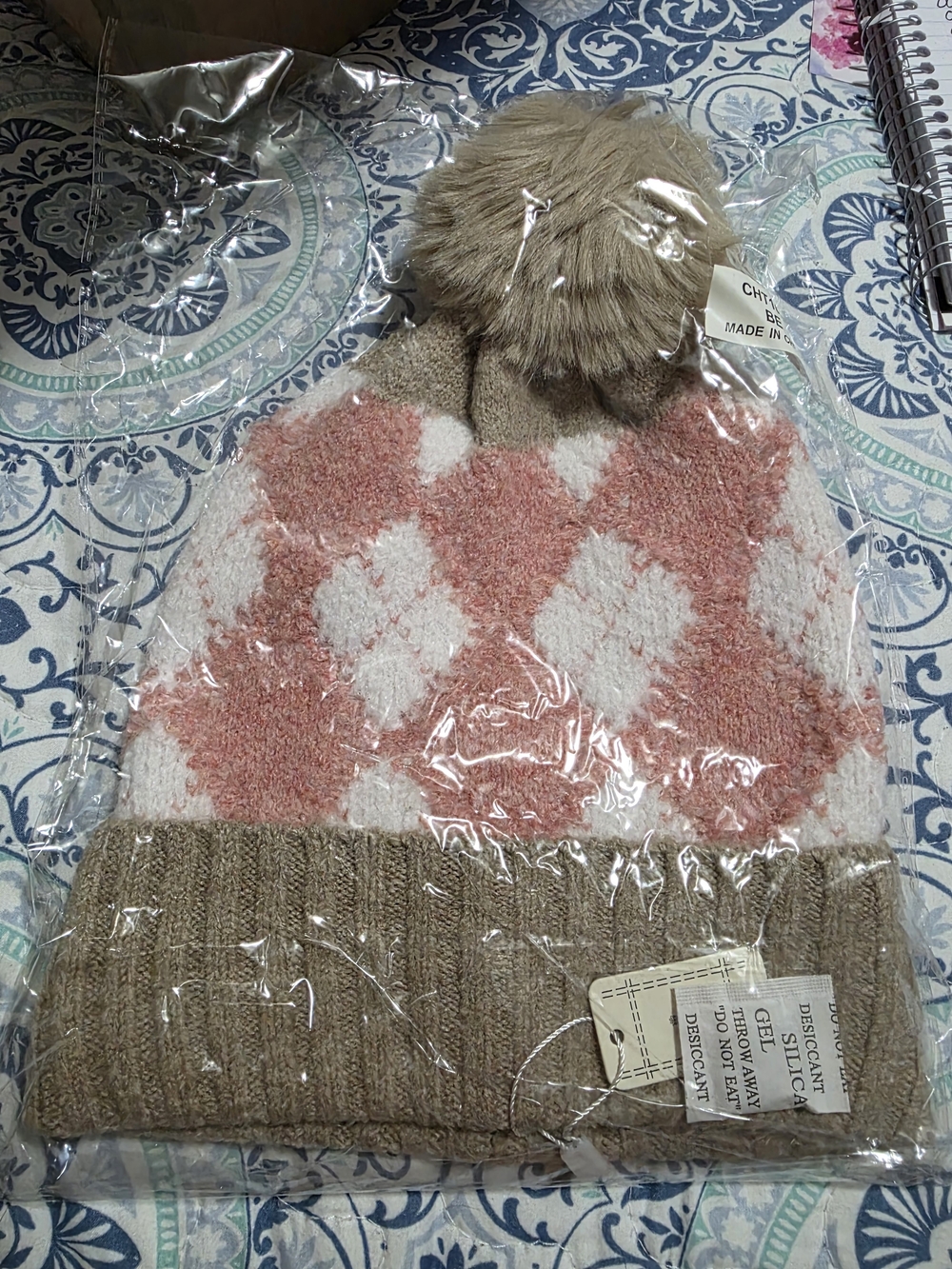 Pink & Cream Argyle Pom Beanie with Tan Cuff